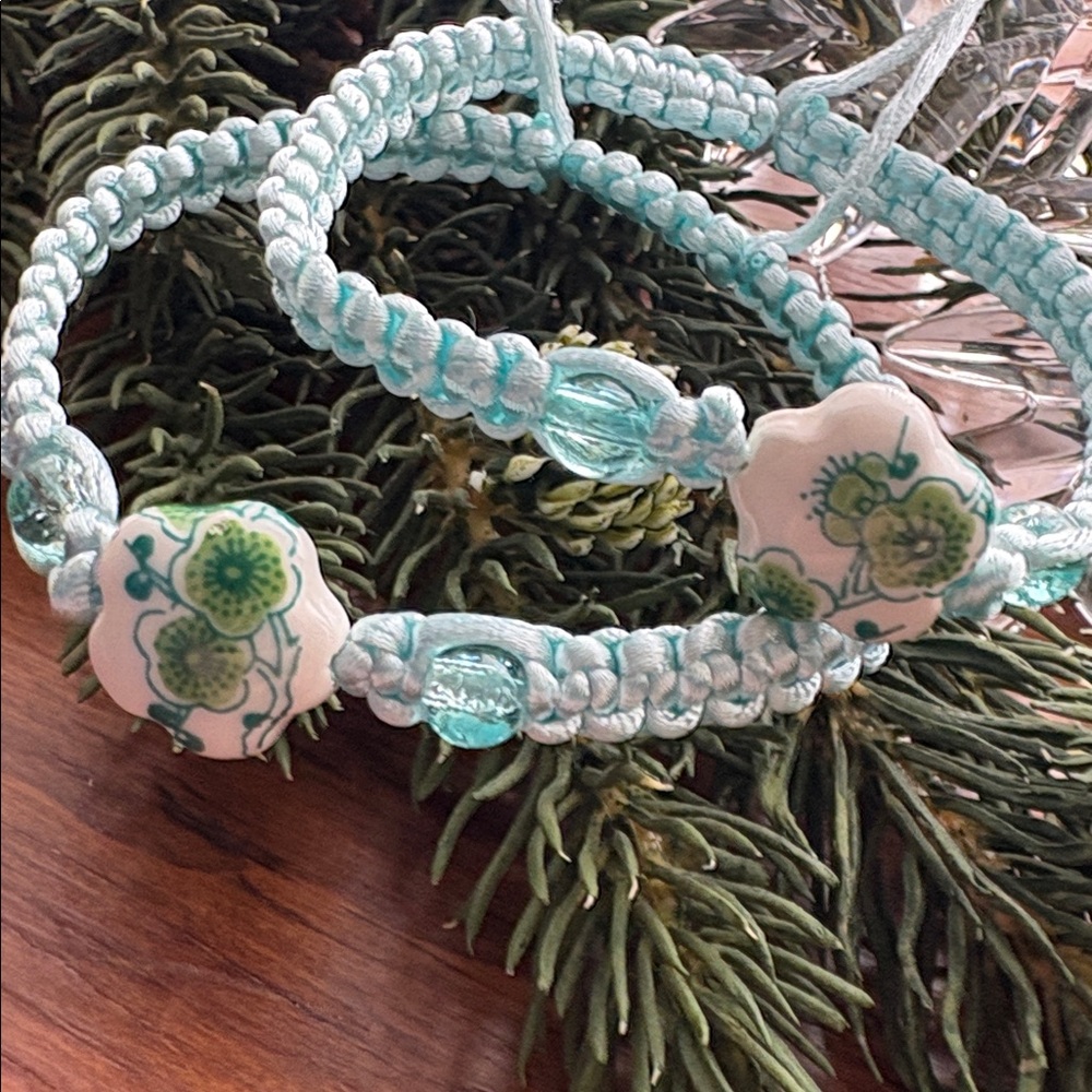 Adjustable Light Blue White Beaded macramé Bracelet set